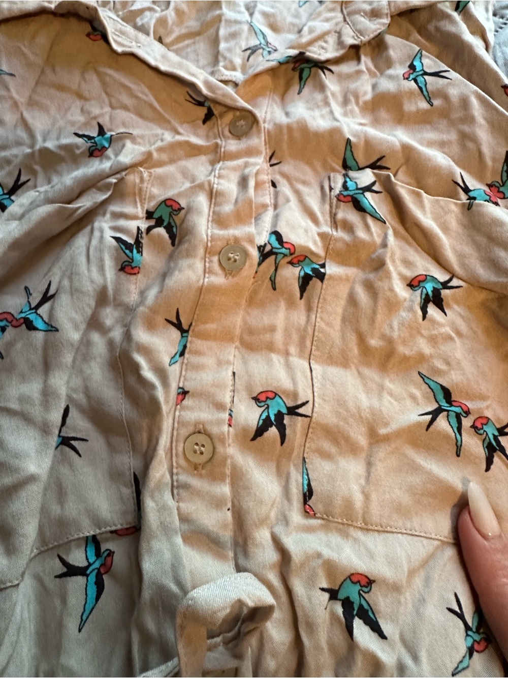 H&M Divided Bird Print Shirt Dress Women’s US 10 Beige Tie Waist Button Front - Picture 3 of 6